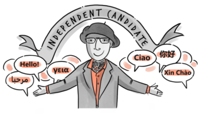 A man wearing a hat and glasses with his hands held out to the side with speech bubbles above it saying 'HELLO' in different languages. Above his head is a banner with the words 'INDEPENDENT CANDIDATE'.